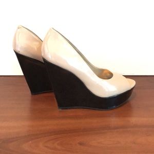 Nude “Jessica Simpson” Peep Toe Platform Wedges